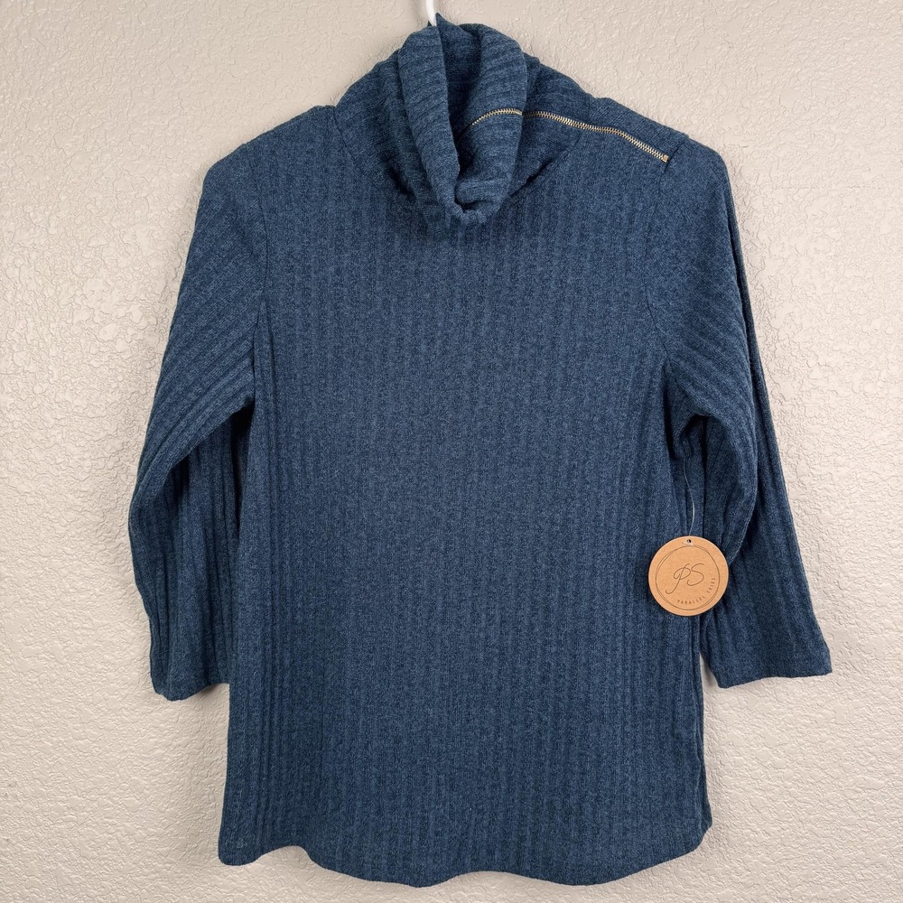 Parallel Skies Sweater Womens Small Blue Ribbed Cowl Neck Zip 3/4 Sleeve Knit